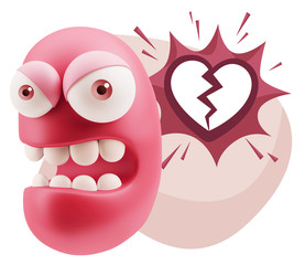 3d Rendering Angry Character Emoji saying Heart Broken Icon with