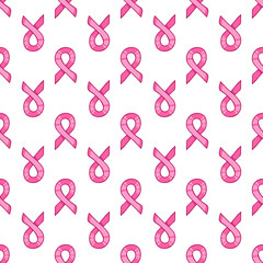 Pink ribbon, international symbol of breast cancer awareness. Vector hand drawn illustration, seamless pattern on white background. Design element for card, package, web site