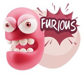3d Rendering Angry Character Emoji saying Furious with Colorful