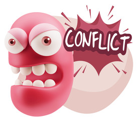 3d Rendering Angry Character Emoji saying Conflict with Colorful