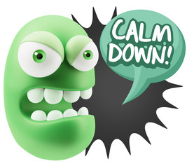 3d Rendering Angry Character Emoji saying Calm Down with Colorfu