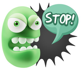 3d Rendering Angry Character Emoji saying Stop with Colorful Spe