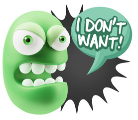 3d Rendering Angry Character Emoji saying I Don't Want with Colo
