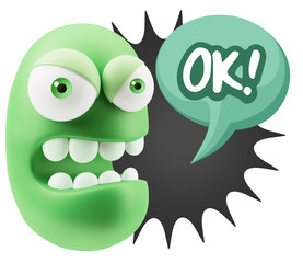 3d Rendering Angry Character Emoji saying OK with Colorful Speec