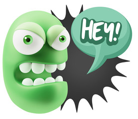 3d Rendering Angry Character Emoji saying Hey with Colorful Spee