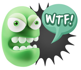 3d Rendering Angry Character Emoji saying WTF with Colorful Spee