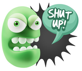 3d Rendering Angry Character Emoji saying Shut Up with Colorful