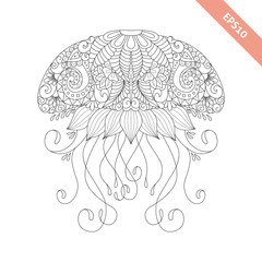 Vector illustration cartoon jellyfish with floral doodle ornament. Design for coloring book page. Decorative element