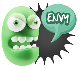 3d Rendering Angry Character Emoji saying Envy with Colorful Spe