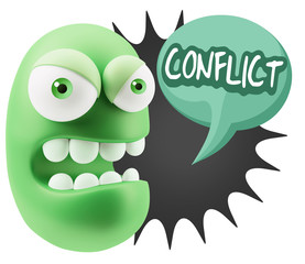 3d Rendering Angry Character Emoji saying Conflict with Colorful