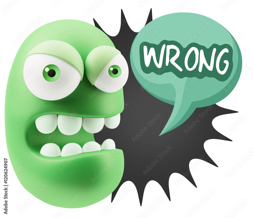 Poster 3d rendering angry character emoji saying wrong with colorful sp