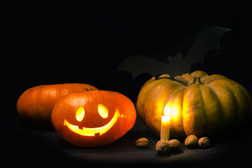 blank greeting card Halloween jack-o'-lantern and bat