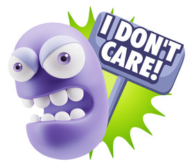 3d Rendering Angry Character Emoji saying I Don't Care with Colo
