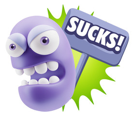 3d Rendering Angry Character Emoji saying Sucks with Colorful Sp