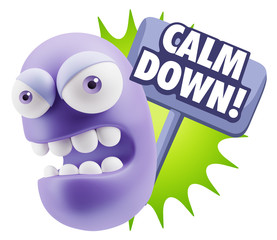 3d Rendering Angry Character Emoji saying Calm Down with Colorfu