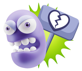 3d Rendering Angry Character Emoji saying Heart Broken Icon with