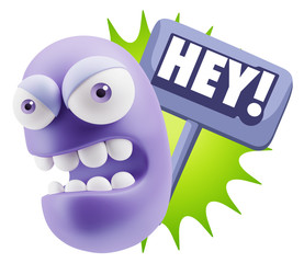 3d Rendering Angry Character Emoji saying Hey with Colorful Spee