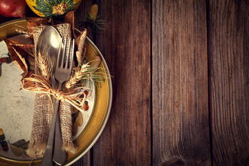 Autumn place setting - on rustic wooden table  - obrazy, fototapety, plakaty