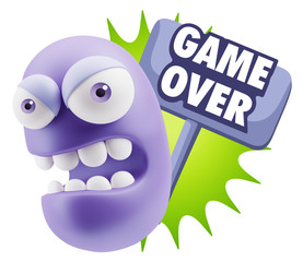 3d Rendering Angry Character Emoji saying Game Over with Colorfu