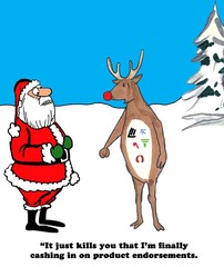 Color Christmas cartoon of red-nosed reindeer with product endorsements on his body talking with Santa Claus.