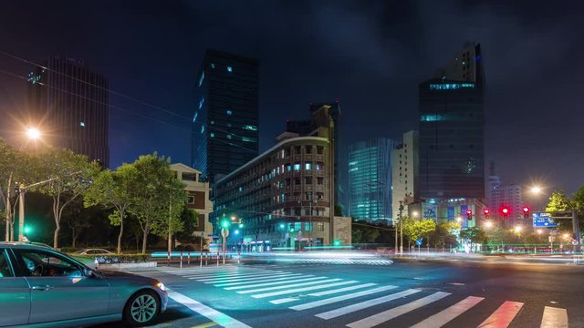 night illumination shanghai city famous downtown bay panorama 4k time lapse china
