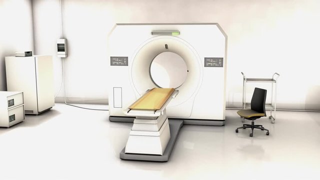Computer generated, Specialist hospital CT scan device room.	