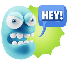 3d Rendering Angry Character Emoji saying Hey with Colorful Spee