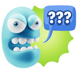 3d Rendering Angry Character Emoji saying ??? with Colorful Spee