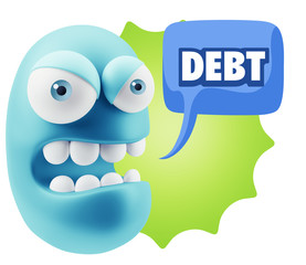 3d Rendering Angry Character Emoji saying Debt with Colorful Spe