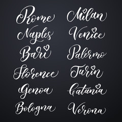 Italian city hand drawn vector lettering. Modern ink calligraphy. Brush typography of Rome, Naples, Bari, Florence, Genoa, Bologna, Milan, Venice, Palermo, Turin, Catania, Verona on dark background.