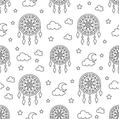 Seamless pattern with dream catchers. Elements - dreamcatcher, star, moon. Vector illustration. Cute repeated texture with dream catchers for packaging, book, textile. Wrapping paper design.