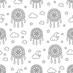 Wall murals Dream catcher Seamless pattern with dream catchers. Elements - dreamcatcher, star, moon. Vector illustration. Cute repeated texture with dream catchers for packaging, book, textile. Wrapping paper design.