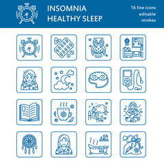 Modern vector line icon of sleepless and healthy sleep. Elements - clock, pillow, pills, dream catcher, counting sheep. Linear pictogram with editable stroke for sites, brochures about insomnia