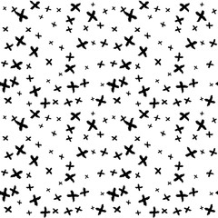 Seamless pattern with plus signs, black on white. Vector charcoal doodle illustration. Cute repeated texture with hand drawn cross shapes for packaging, book, textile. Wrapping paper design.