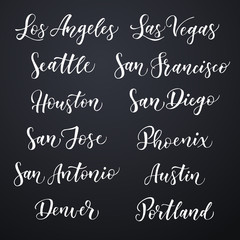 American city vector lettering. Brush typography, USA  - Los Angeles, Las Vegas, Seattle, San Francisco, Houston, San Diego, San Jose, Phoenix, San Antonio, Austin, Denver, Portland dark background
