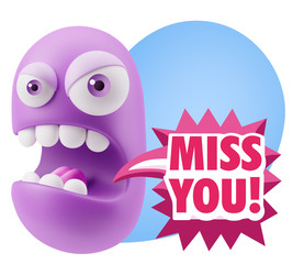 3d Rendering Angry Character Emoji saying Miss You with Colorful