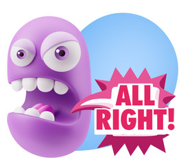 3d Rendering Angry Character Emoji saying All Right with Colorfu