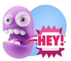 3d Rendering Angry Character Emoji saying Hey with Colorful Spee
