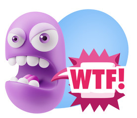 3d Rendering Angry Character Emoji saying WTF with Colorful Spee