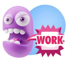 3d Rendering Angry Character Emoji saying Work with Colorful Spe