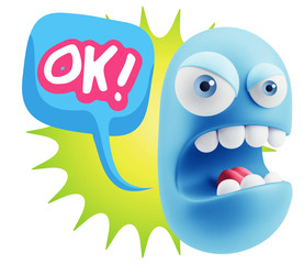 3d Rendering Angry Character Emoji saying OK with Colorful Speec