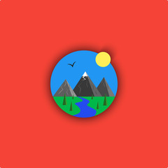Fototapeta premium landscape logo cartoon illustration, minimalistic outdoor emblem, sky, river, mountain, sun, spruce, bird, grass, material design paper spring icon