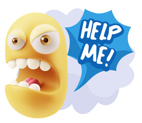 3d Rendering Angry Character Emoji saying Help me with Colorful