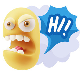 3d Rendering Angry Character Emoji saying Hi with Colorful Speec