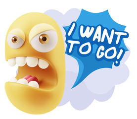3d Rendering Angry Character Emoji saying I Want to Go with Colo
