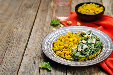 Turmeric rice with coconut Kale and cashew