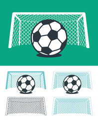 Set of soccer balls with nets and goal posts