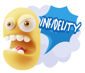 3d Rendering Angry Character Emoji saying Infidelity with Colorf