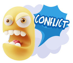 3d Rendering Angry Character Emoji saying Conflict with Colorful