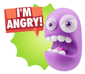 3d Rendering Angry Character Emoji saying I'm Angry with Colorfu